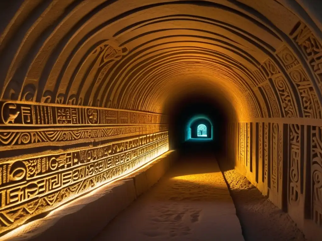 Explorando la historia antigua con tecnología moderna Un túnel antiguo iluminado por realidad aumentada, revelando símbolos y detalles históricos