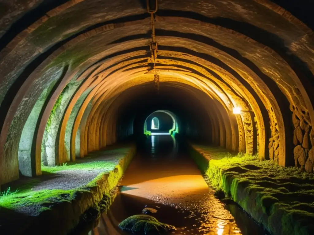 Un túnel antiguo con intrincadas carvings y arcos iluminado por antorchas, crea un ambiente misterioso