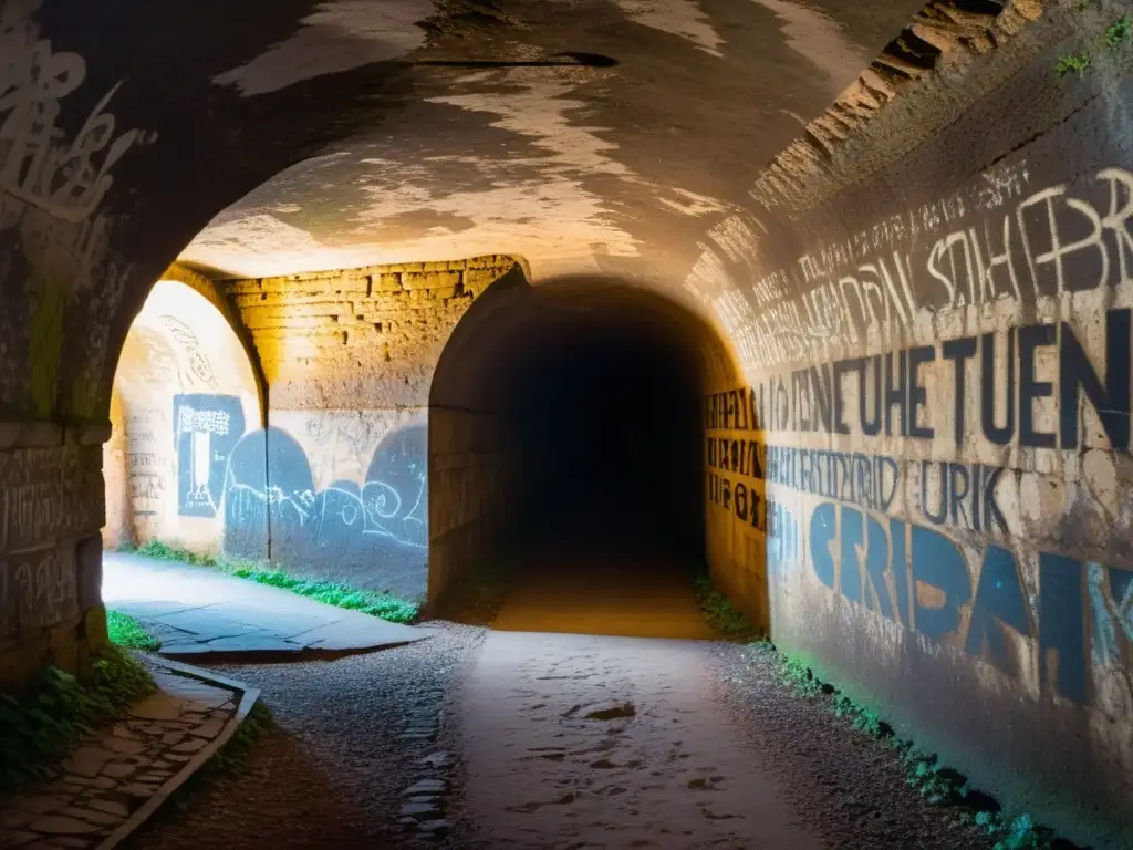 Un túnel antiguo y misterioso con grafitis históricos tallados en las paredes de piedra