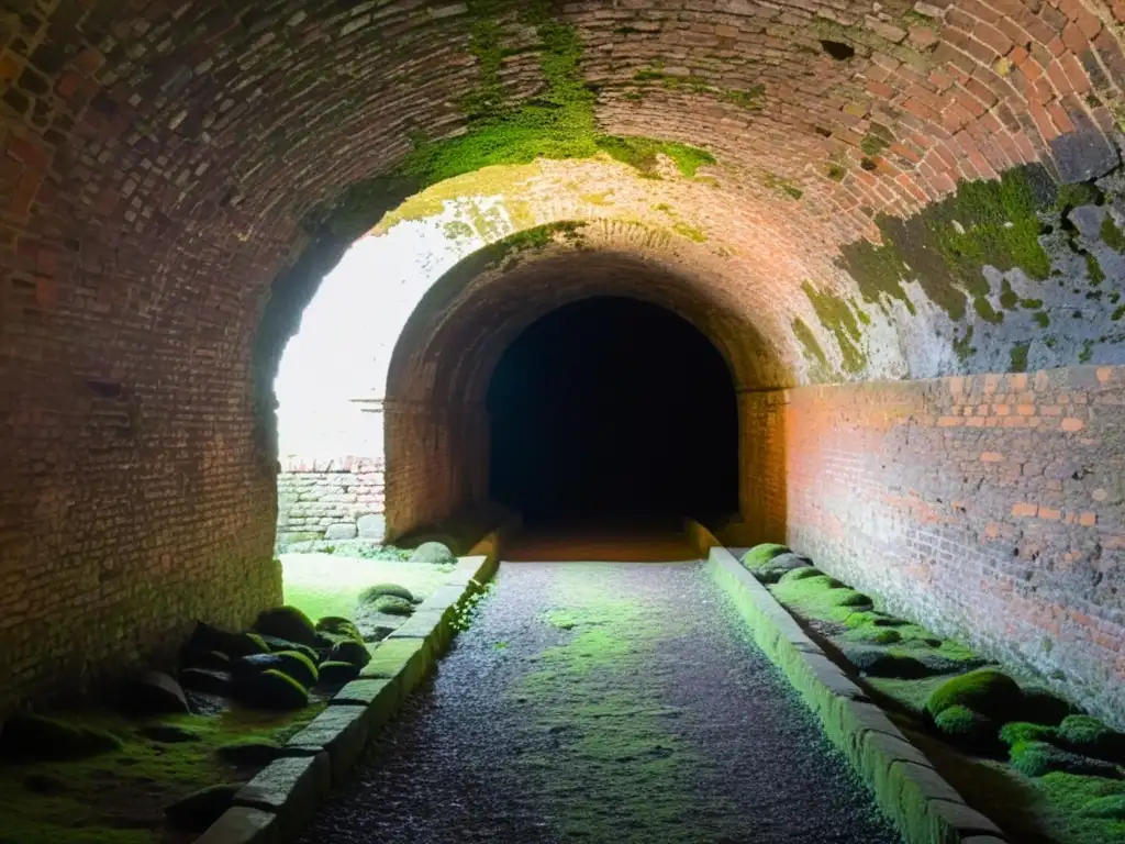 Un túnel antiguo y misterioso, iluminado por una tenue luz cálida al final