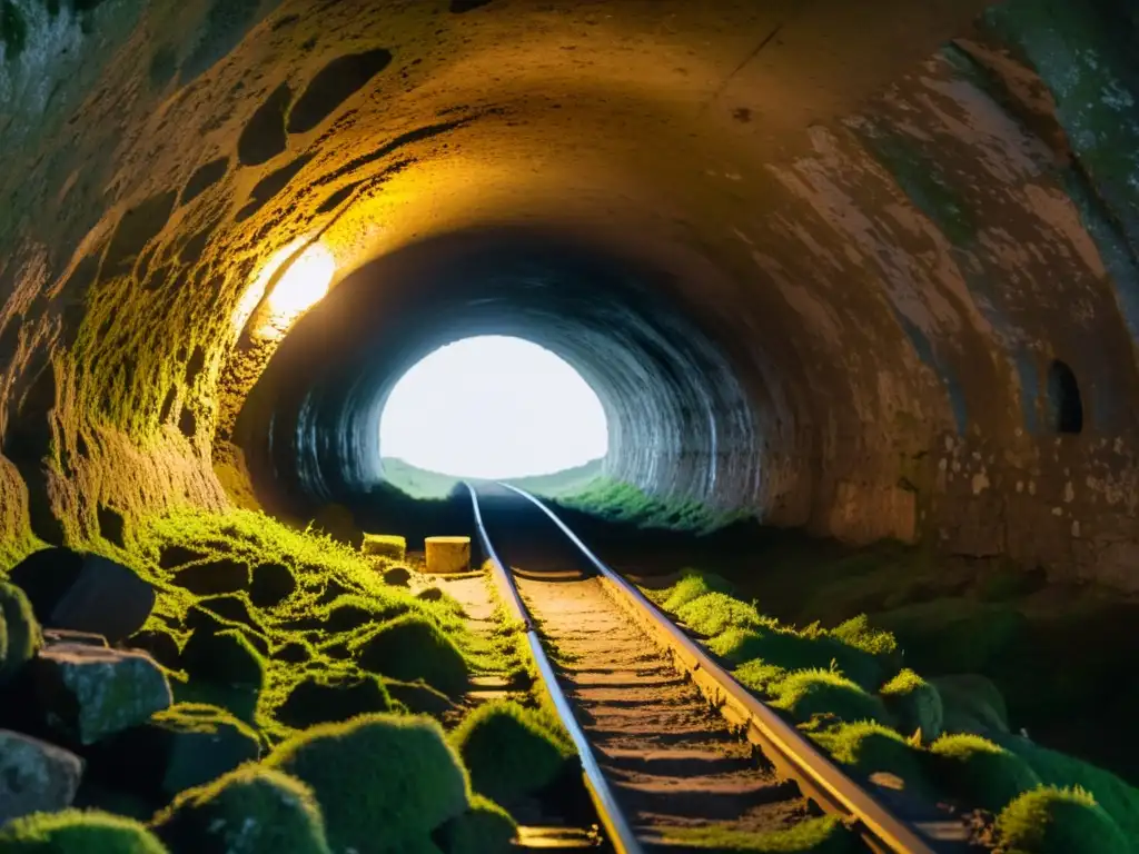 Un túnel antiguo y misterioso, iluminado débilmente, con paredes cubiertas de musgo