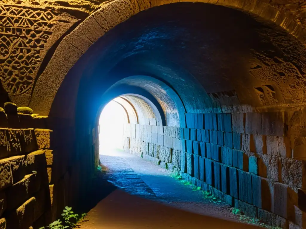 Un túnel antiguo y misterioso con intrincadas decoraciones, iluminado por tenues rayos de luz