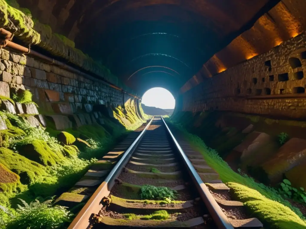 Un túnel antiguo y misterioso, con paredes de piedra cubiertas de musgo y restos de equipo minero oxidado