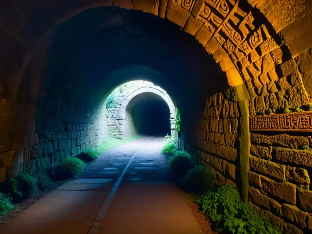 Misterioso túnel antiguo con decoraciones y luz tenue Un túnel antiguo con muros de piedra cubiertos de musgo, símbolos y luces, ideal para la realidad aumentada en túneles históricos