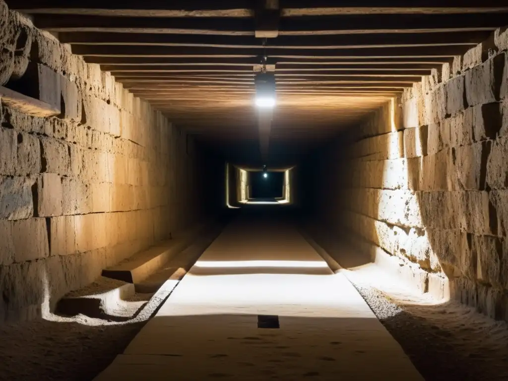 Un túnel clandestino se extiende en la penumbra, con paredes de tierra y piedra