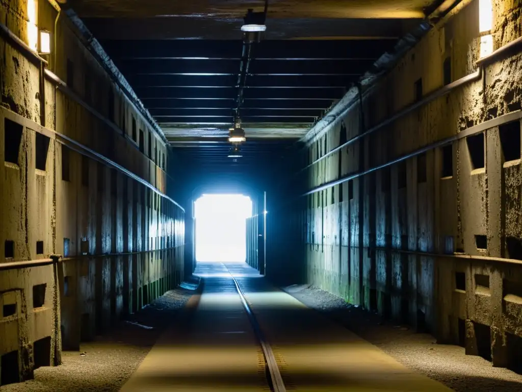 Túnel claustrofóbico y misterioso bajo Alcatraz, evocando la determinación de los fugitivos en los túneles de fuga de Alcatraz