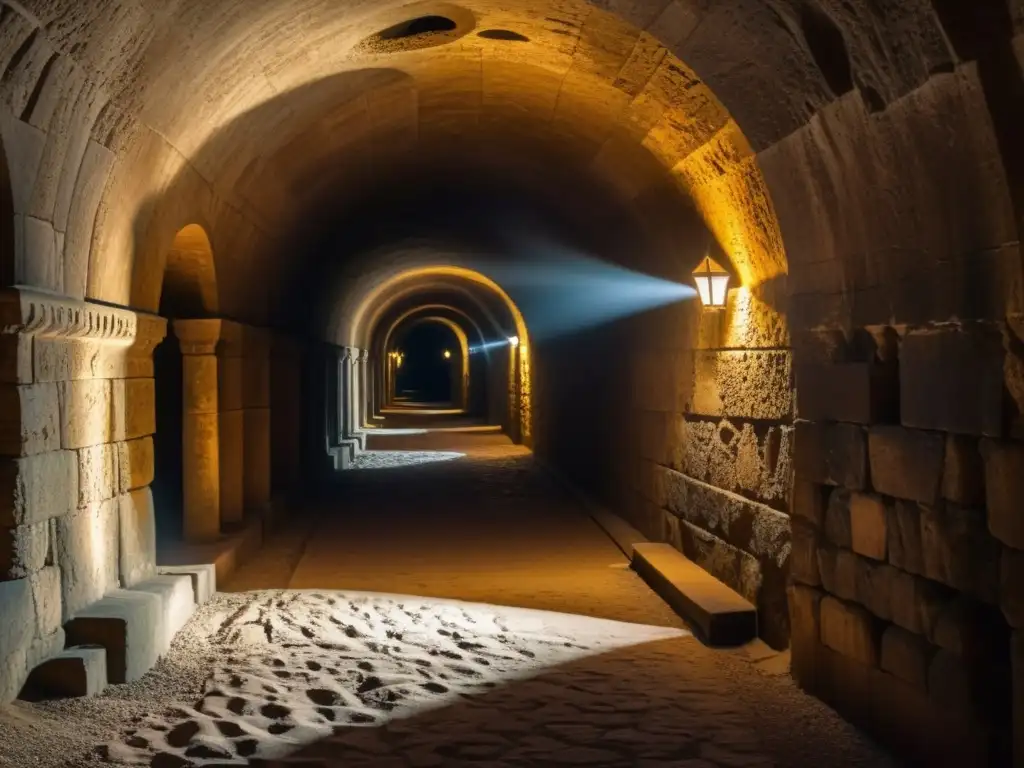 Túnel comercial del Imperio Romano: Antiguos arcos y columnas iluminados por antorchas, creando una atmósfera misteriosa y evocadora