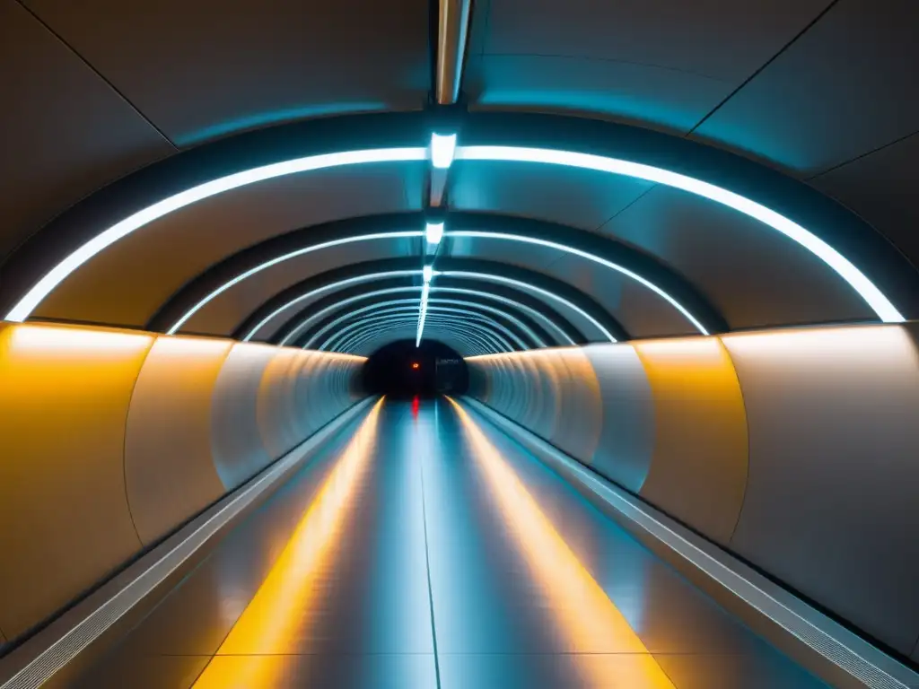 Un túnel subterráneo recién construido iluminado con tecnología LED de vanguardia, creando un ambiente moderno e innovador