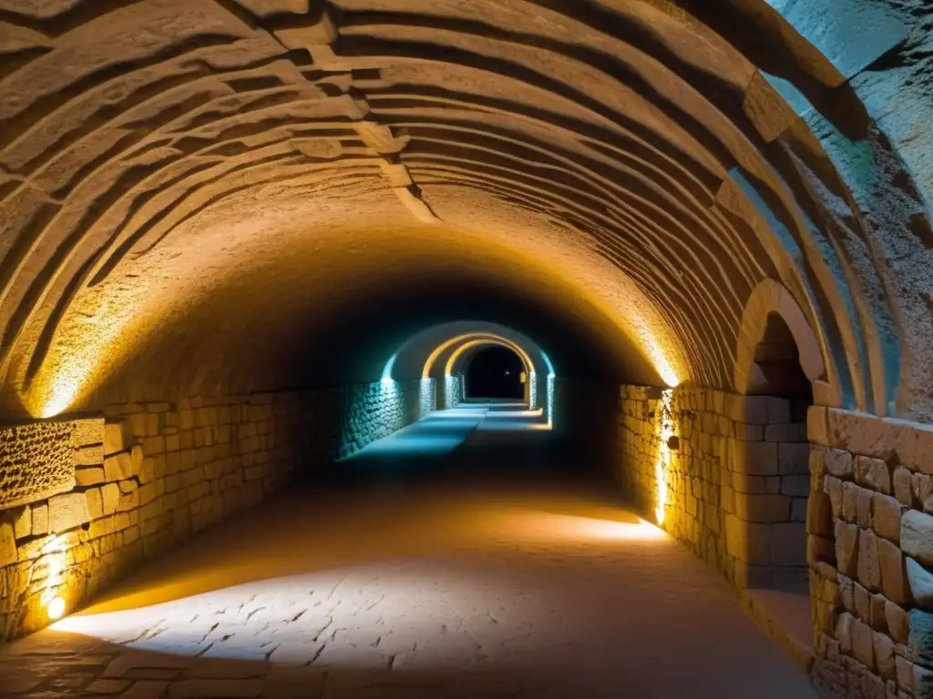 Exploración en túnel cultural iluminado, con artefactos históricos y visitantes maravillados