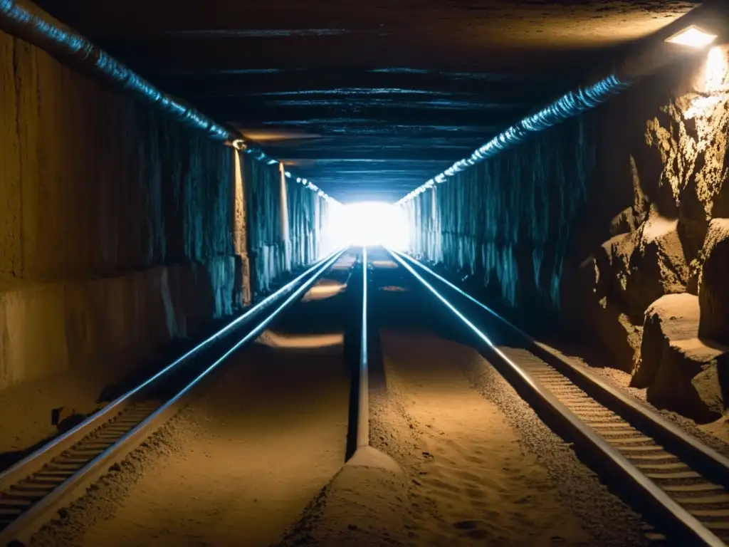 Un túnel de drogas en Tijuana, iluminado por una tenue luz artificial, revela un ambiente clandestino de narcotráfico y tensión