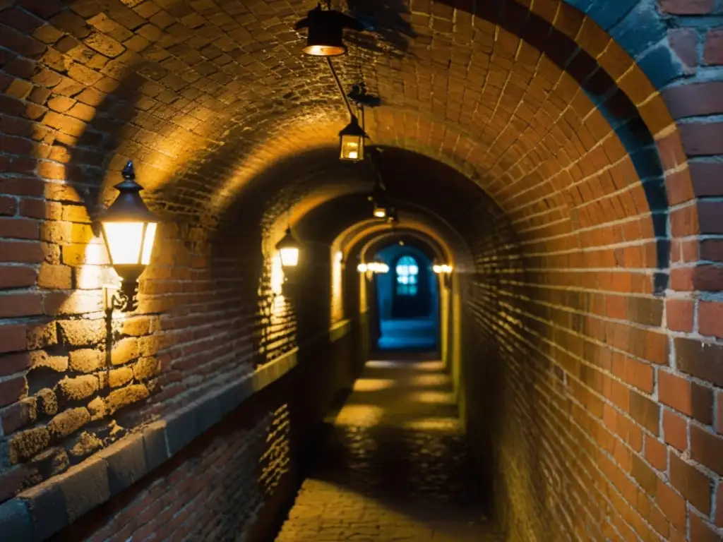 Un túnel de época victoriana en Londres, con arquitectura detallada y luces de gas antiguas, crea una atmósfera misteriosa y hermosa