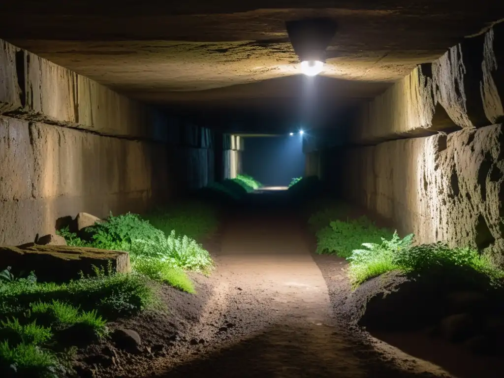 Un túnel de escape del Castillo de Colditz: un pasadizo húmedo y oscuro, con paredes irregulares y un débil resplandor al fondo