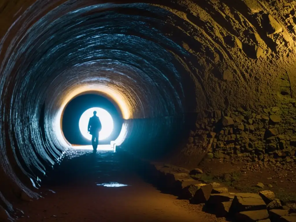 Un túnel de escape en la historia: una figura camina hacia la luz en un túnel subterráneo, con sombras misteriosas y paredes de piedra rugosa