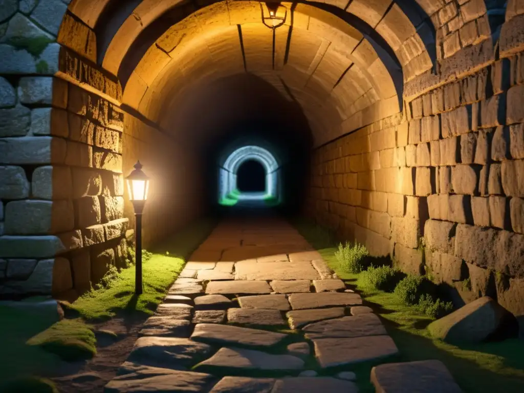 Un túnel de escape medieval iluminado por antorchas bajo un castillo