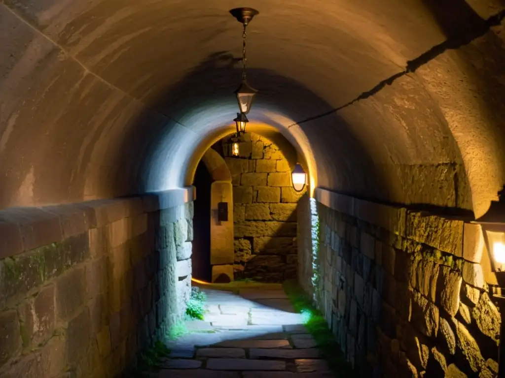 Un túnel de escape medieval, iluminado por antorchas, que promete libertad al final