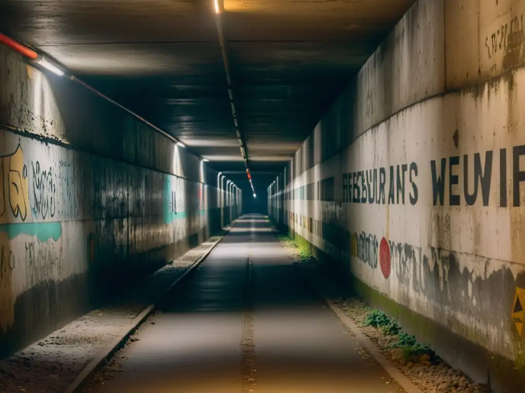 Túnel de escape del Muro de Berlín: pasaje estrecho y sombrío, con destellos de esperanza en la distancia y rastros de historia