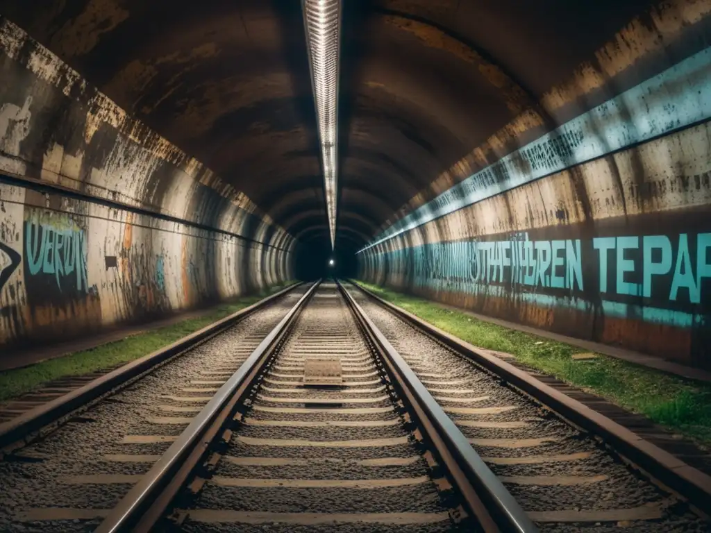 Un túnel de escape en Berlín Oriental: grafitis, vías oxidadas y luz tenue crean una atmósfera evocadora de la Guerra Fría