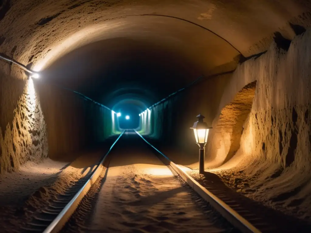 Un túnel de escape en Berlín Oriental, iluminado por una tenue linterna, con paredes de tierra áspera y sombras misteriosas