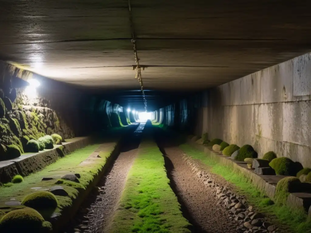 Túnel de escape en revoluciones: oscura pasadizo de piedra con musgo, luz al final promete libertad