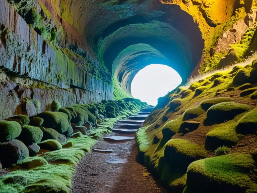 Un túnel subterráneo estrecho iluminado por una suave luz cálida, con paredes rocosas rugosas y rastros de musgo