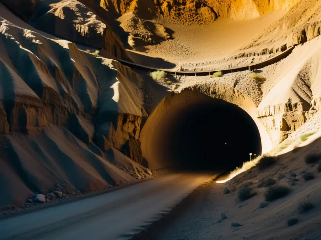 Un túnel estrecho y misterioso en la Falla de San Andrés, iluminado por una suave luz, con minerales brillantes