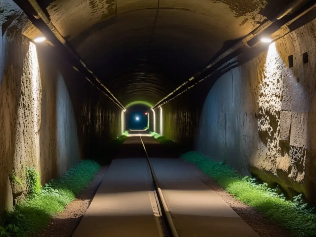 Un túnel estrecho y misterioso con marcas ocultas, evocando contrabando histórico y secretos en la penumbra