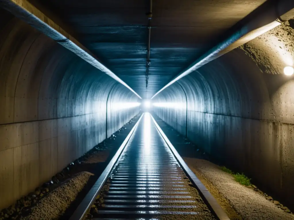 Un túnel subterráneo estrecho y oscuro en blanco y negro, con luces parpadeantes y un aura misteriosa