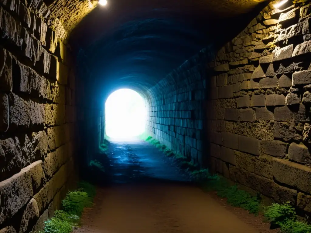 Un túnel estrecho y oscuro se extiende hacia la distancia, iluminado débilmente al final