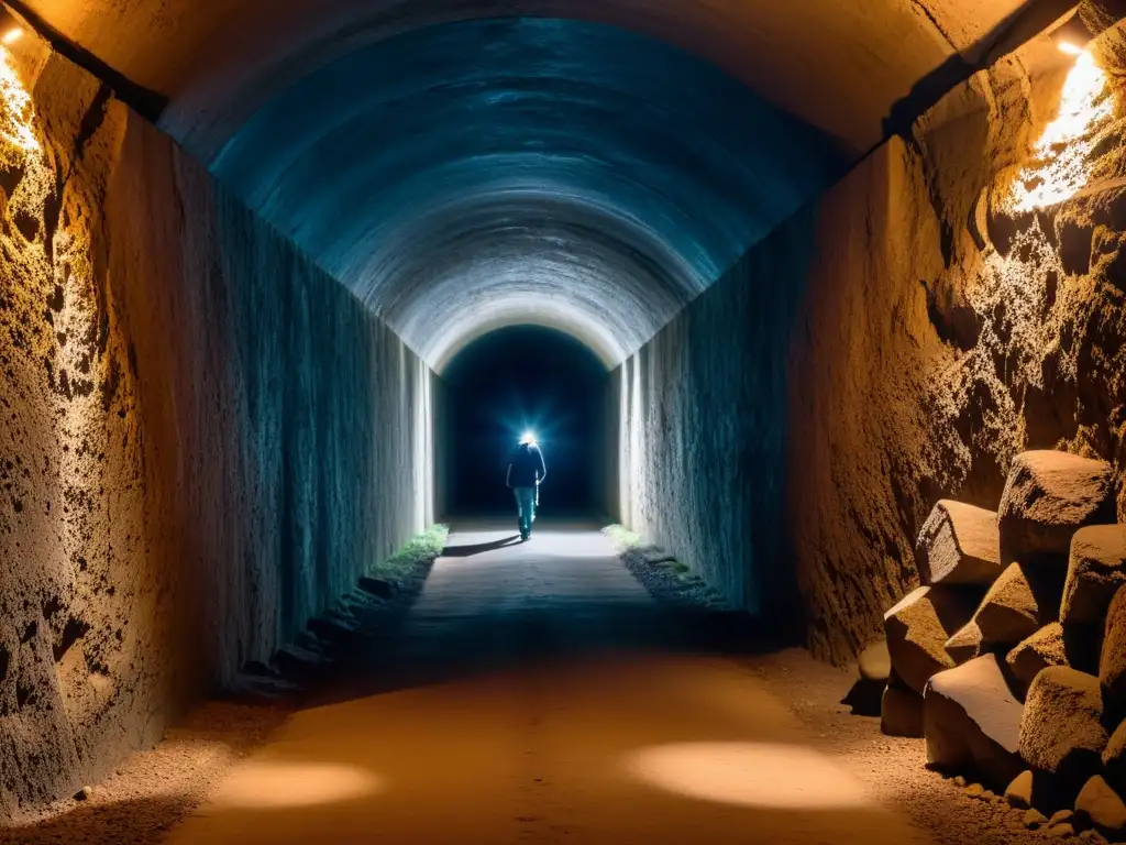 Explorando la oscuridad: túnel misterioso de piedra Un túnel estrecho y oscuro se adentra en la distancia, iluminado por una linterna
