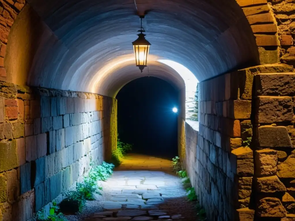 Un túnel estrecho y oscuro entre edificios emblemáticos, iluminado por una única linterna titilante