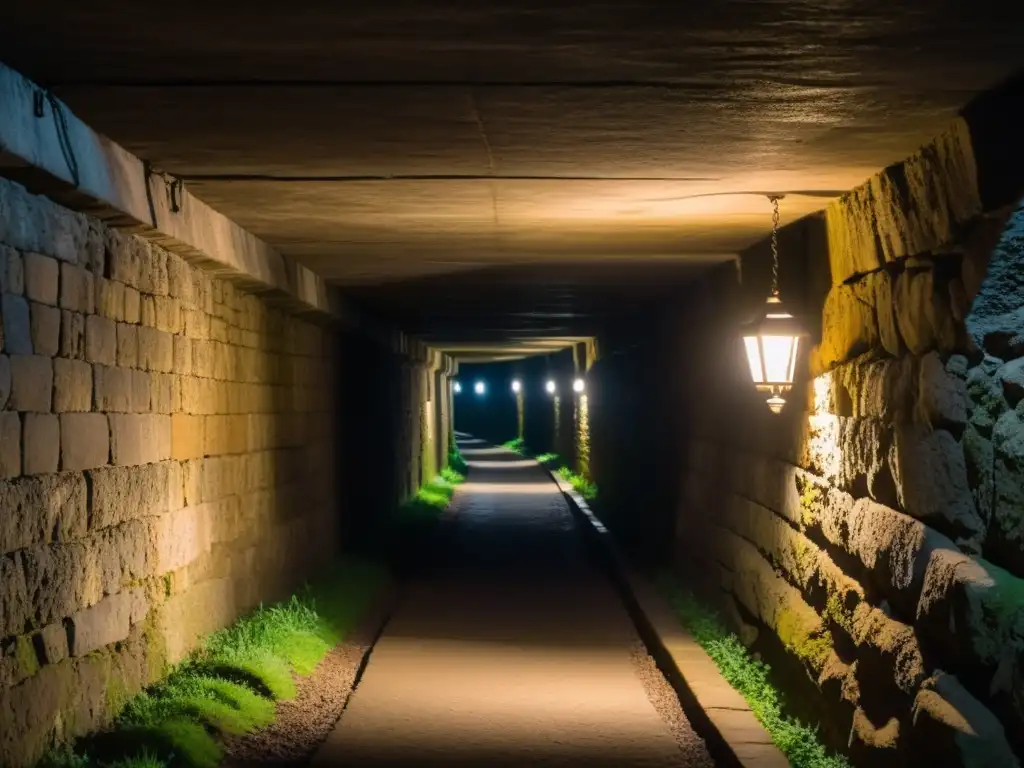 Un túnel subterráneo estrecho y oscuro, iluminado por linternas titilantes