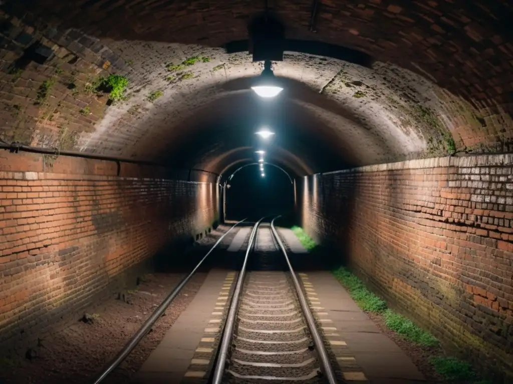 Un túnel estrecho y oscuro con ladrillos desgastados, luces tenues y atmósfera misteriosa