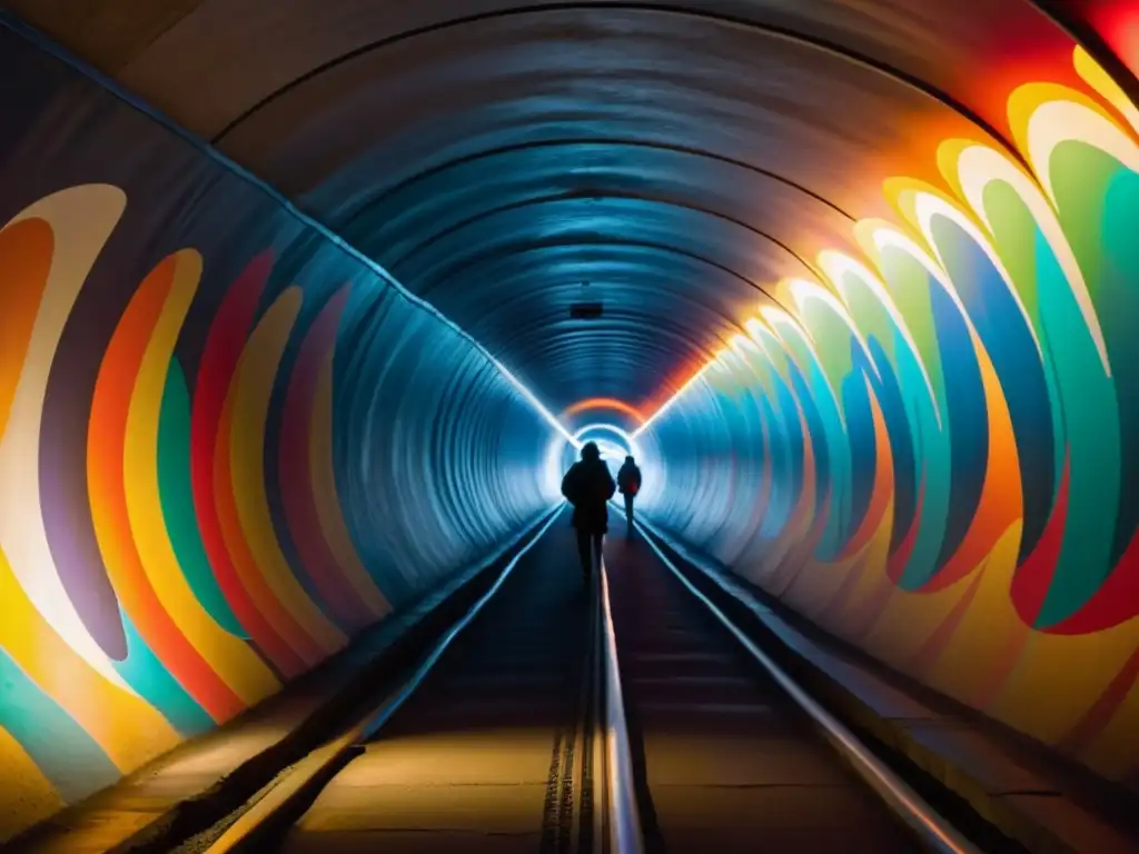 Un túnel estrecho y tenue se extiende hacia el infinito, con murales vibrantes que pulsan con energía