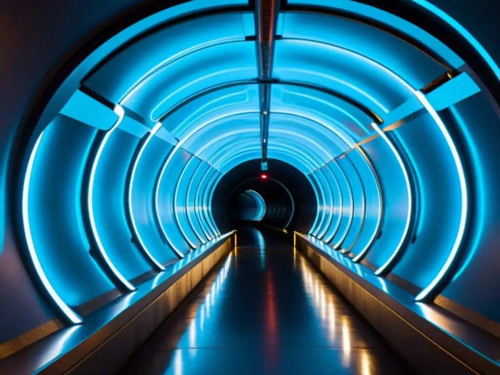 Un túnel futurista en 'Metro 2033', con paneles azules brillantes y símbolos alienígenas