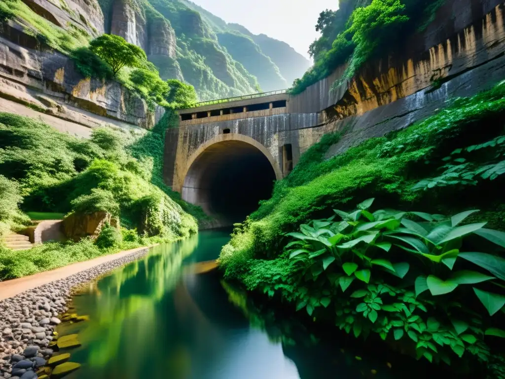 Un túnel histórico abrazado por la naturaleza, con agua fluyendo y detalles rocosos iluminados