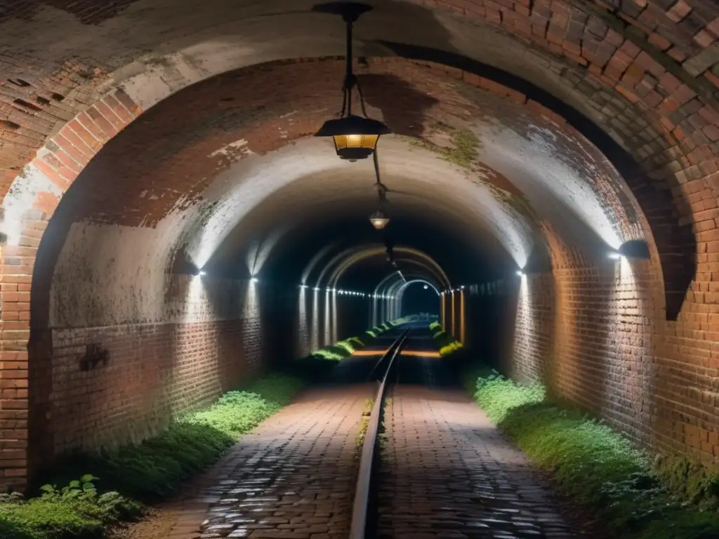 Fotografía de un túnel histórico subterráneo con arcos de ladrillo y paredes cubiertas de musgo, evocando misterio y nostalgia