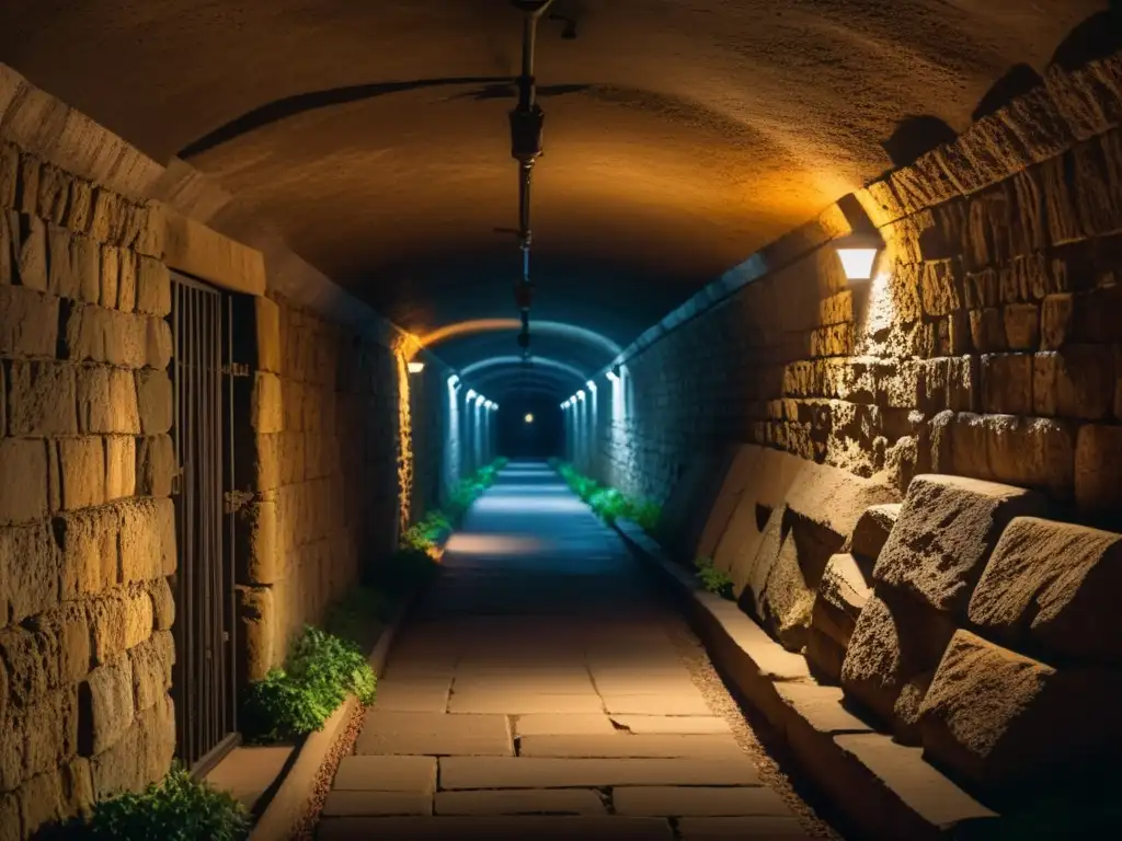 Un túnel subterráneo histórico, con arquitectura antigua y senderos iluminados