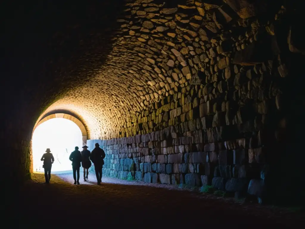 Exploración en túnel histórico con atmósfera misteriosa y grupo de aventureros