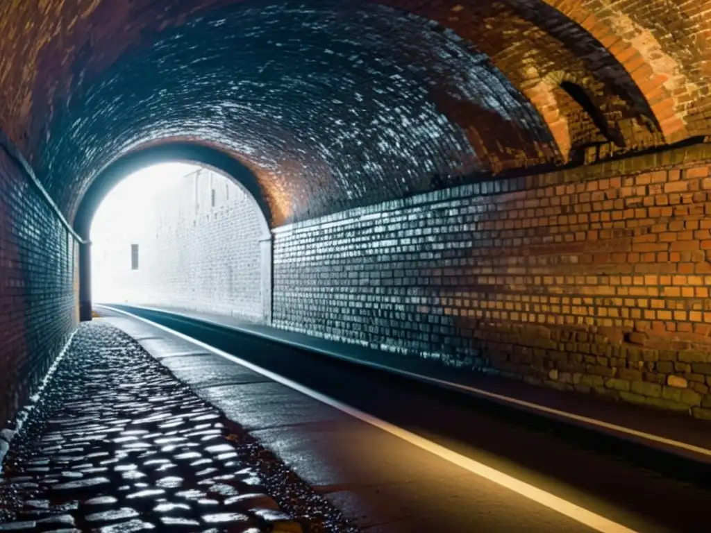 Fotografía de un túnel histórico en blanco y negro, con dramáticas sombras y un ambiente de misterio y tiempo