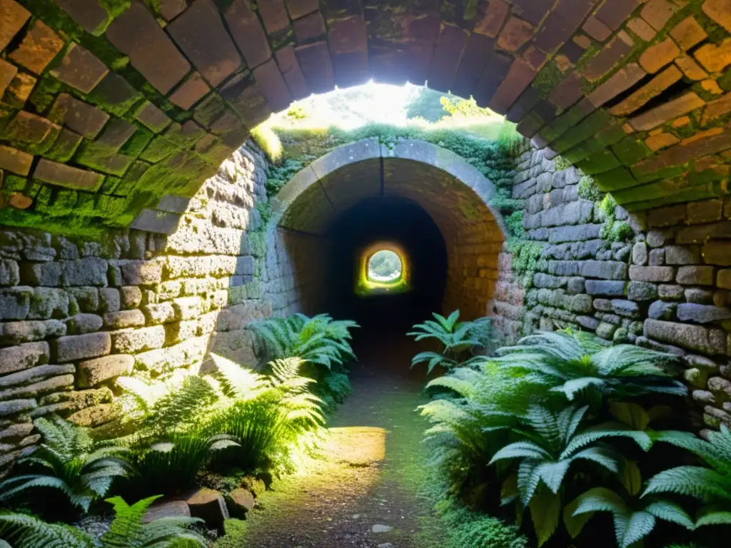 Antiguo túnel de piedra iluminado: conservación y belleza natural Un túnel histórico centenario de piedra y ladrillo, iluminado por luz dorada