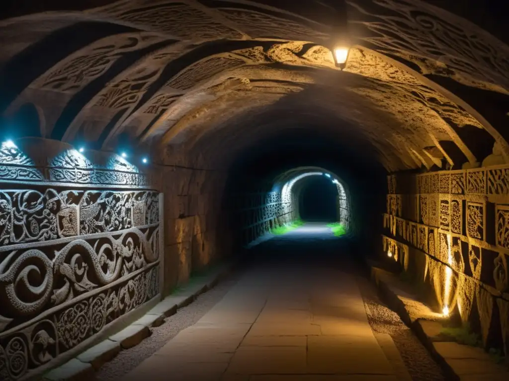 Un túnel histórico con criaturas de la mitología talladas en las paredes de piedra, iluminado por tenue luz de antorchas