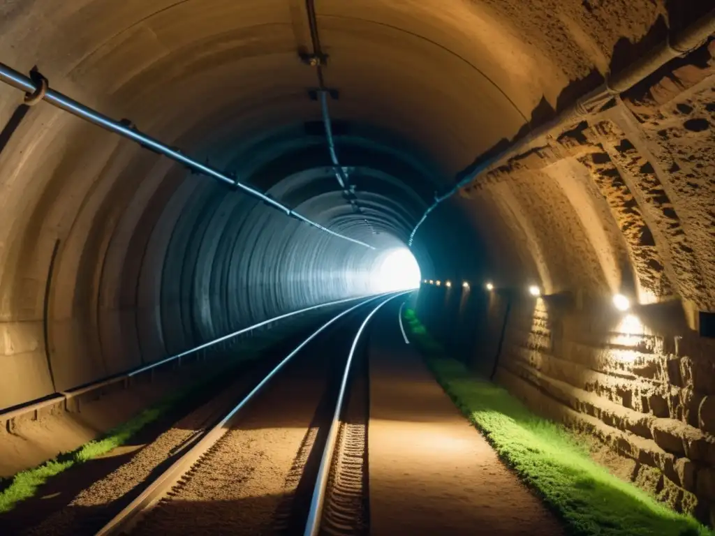 Explora un túnel subterráneo histórico en detallado 8k, con juegos de luz y sombra