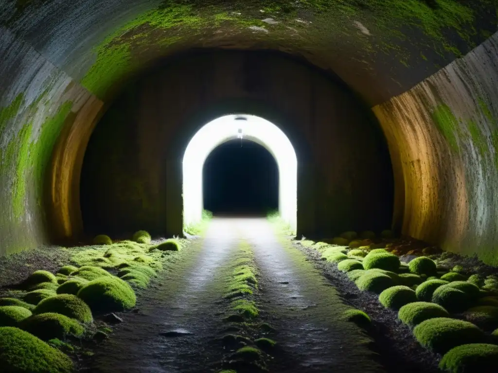 Un túnel histórico y emocional con paredes curvadas cubiertas de musgo, iluminado por pulsaciones de luz al final del pasaje olvidado