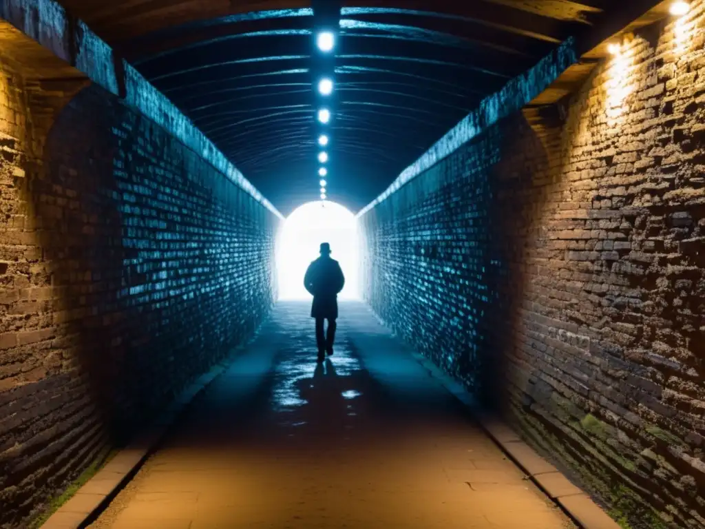 Un túnel histórico del ferrocarril subterráneo, con una figura en la distancia