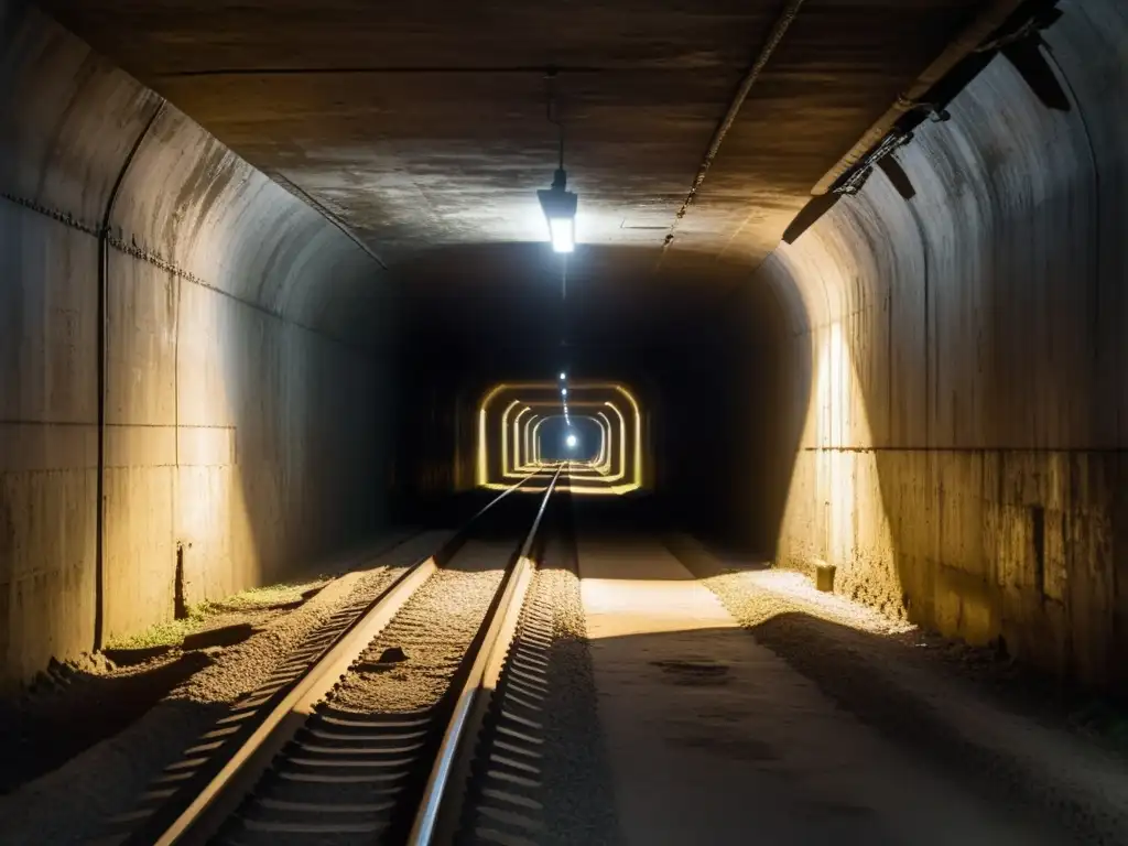 Un túnel histórico de la Guerra Fría, iluminado tenue y estrecho, con paredes ásperas y clima misterioso, evocando secretos y operaciones encubiertas