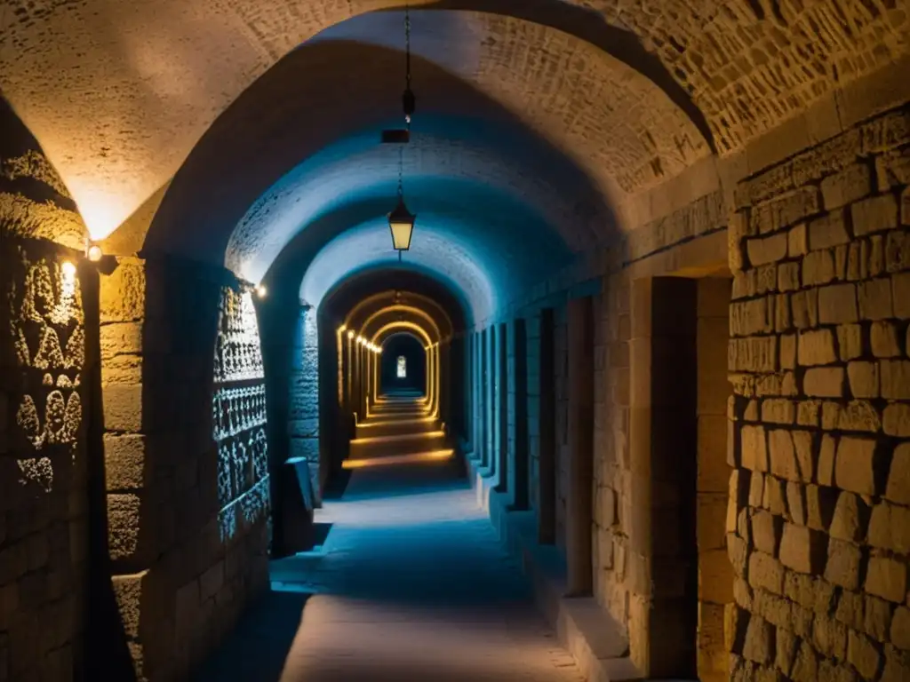 Un túnel histórico iluminado por antorchas, arcos antiguos y pilares de piedra