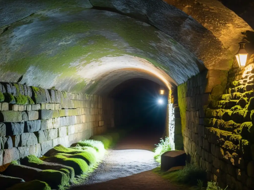 Adéntrate en un túnel histórico iluminado por antorchas, con paredes de piedra rugosa y una atmósfera misteriosa