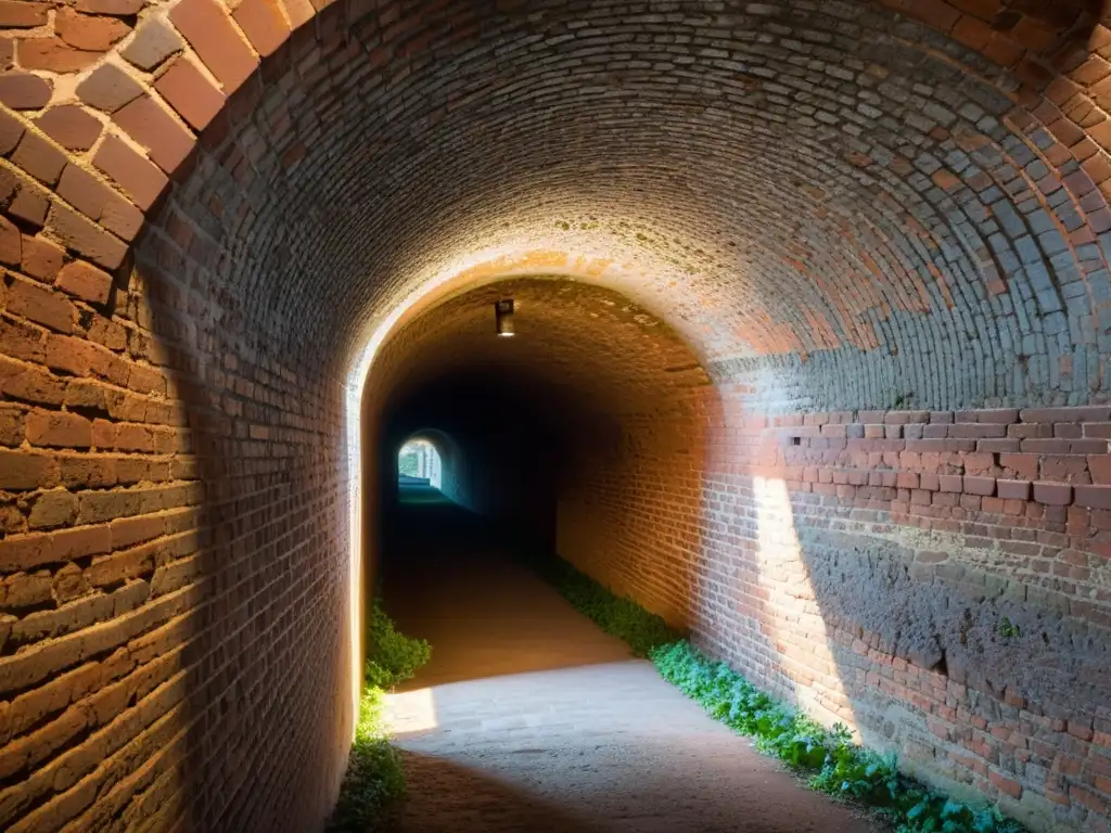 Un túnel histórico iluminado por una cálida luz, resaltando su textura y significado histórico