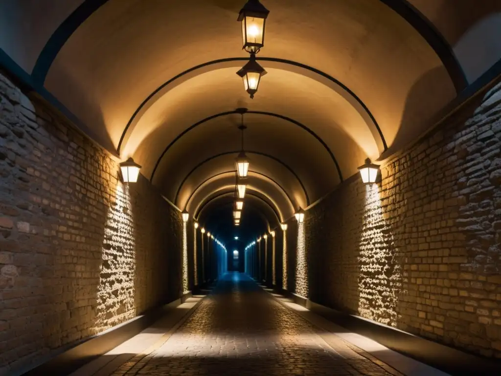 Un túnel histórico iluminado débilmente con detalles arquitectónicos y juego de luces y sombras