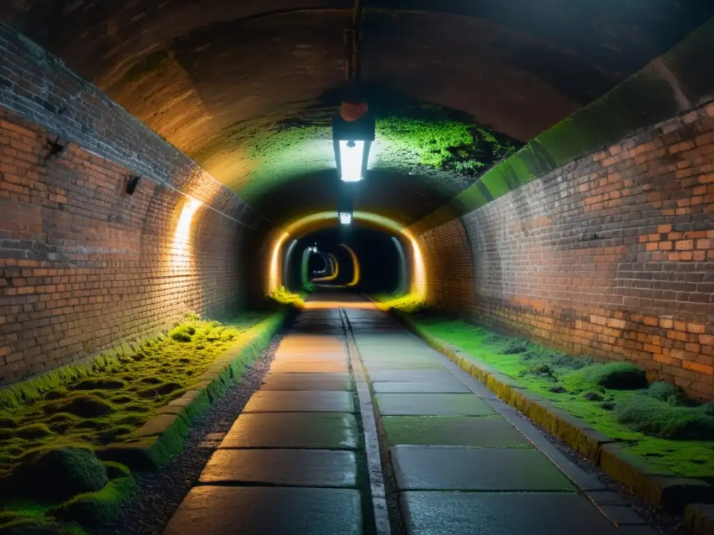 Un túnel subterráneo histórico iluminado débilmente con detalles de ladrillos desgastados